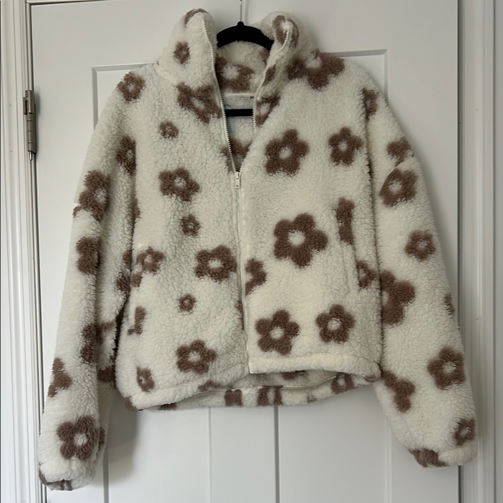 SO Women's Floral Fleece Jacket - Cream and Brown